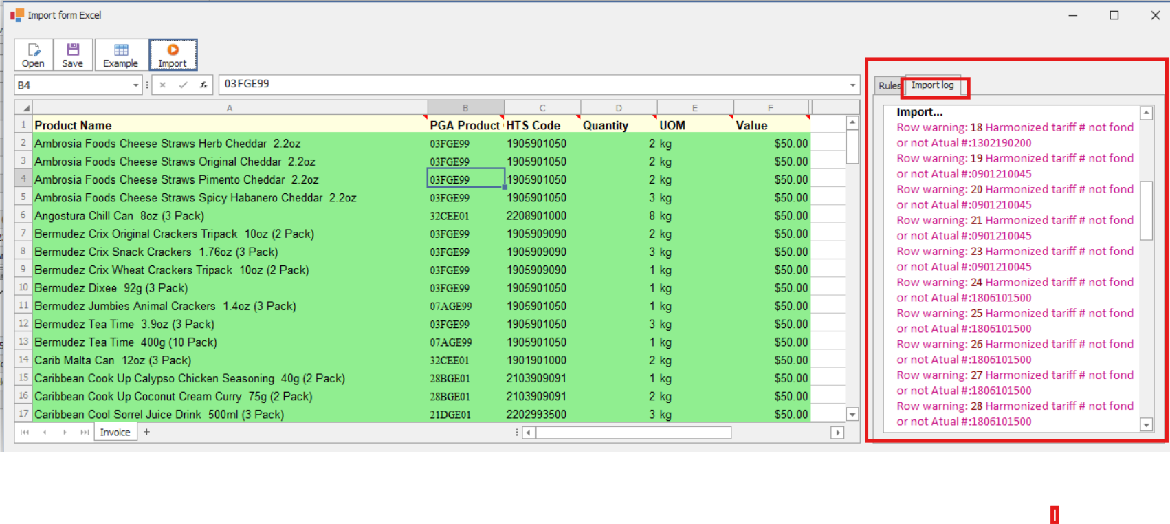 Customs entry import from excel errors2