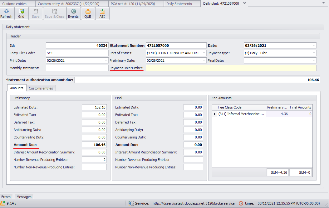 Statement Amounts view 