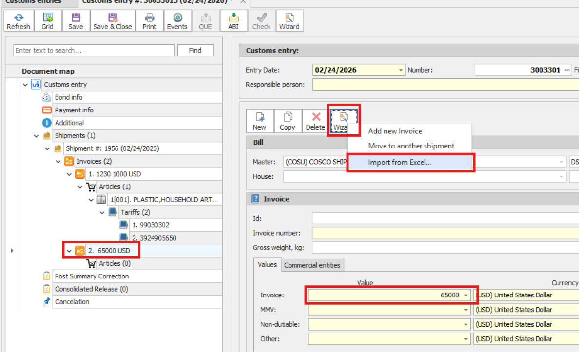 Customs entry import from excel wizard
