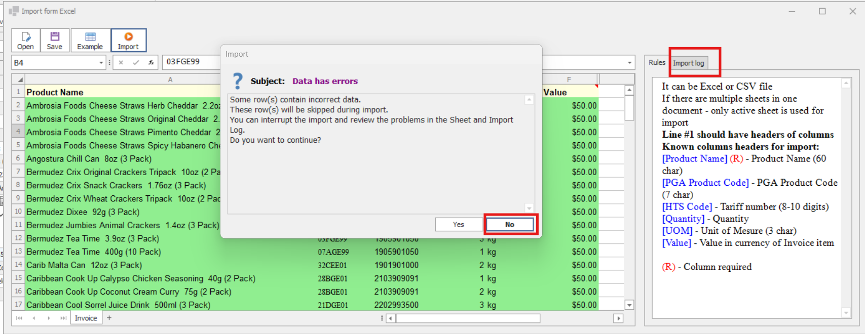 Customs entry import from excel errors