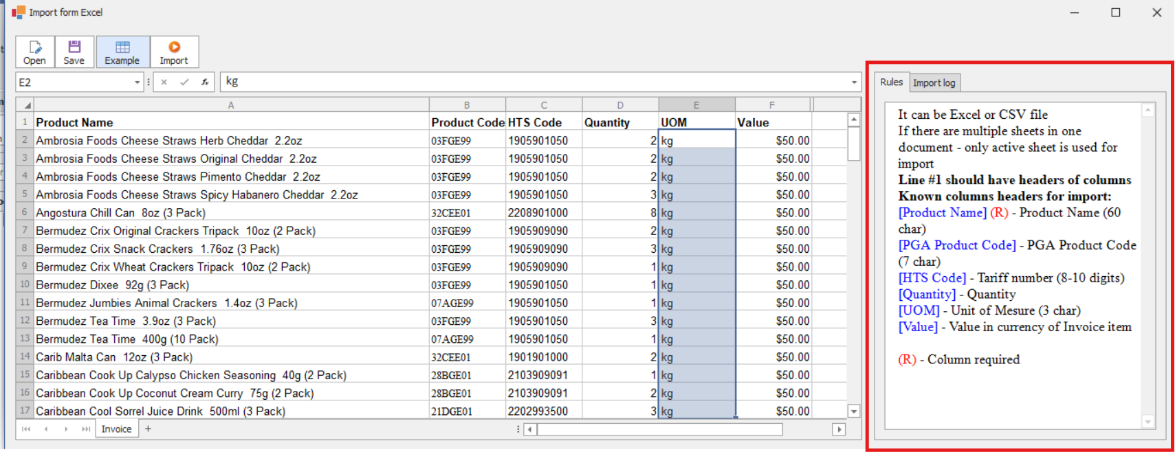Customs entry import from excel Rules