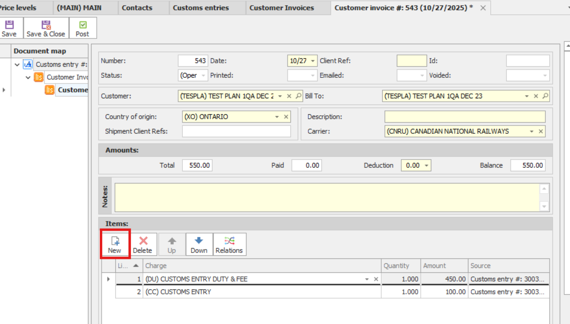 Customer invoice additional charges